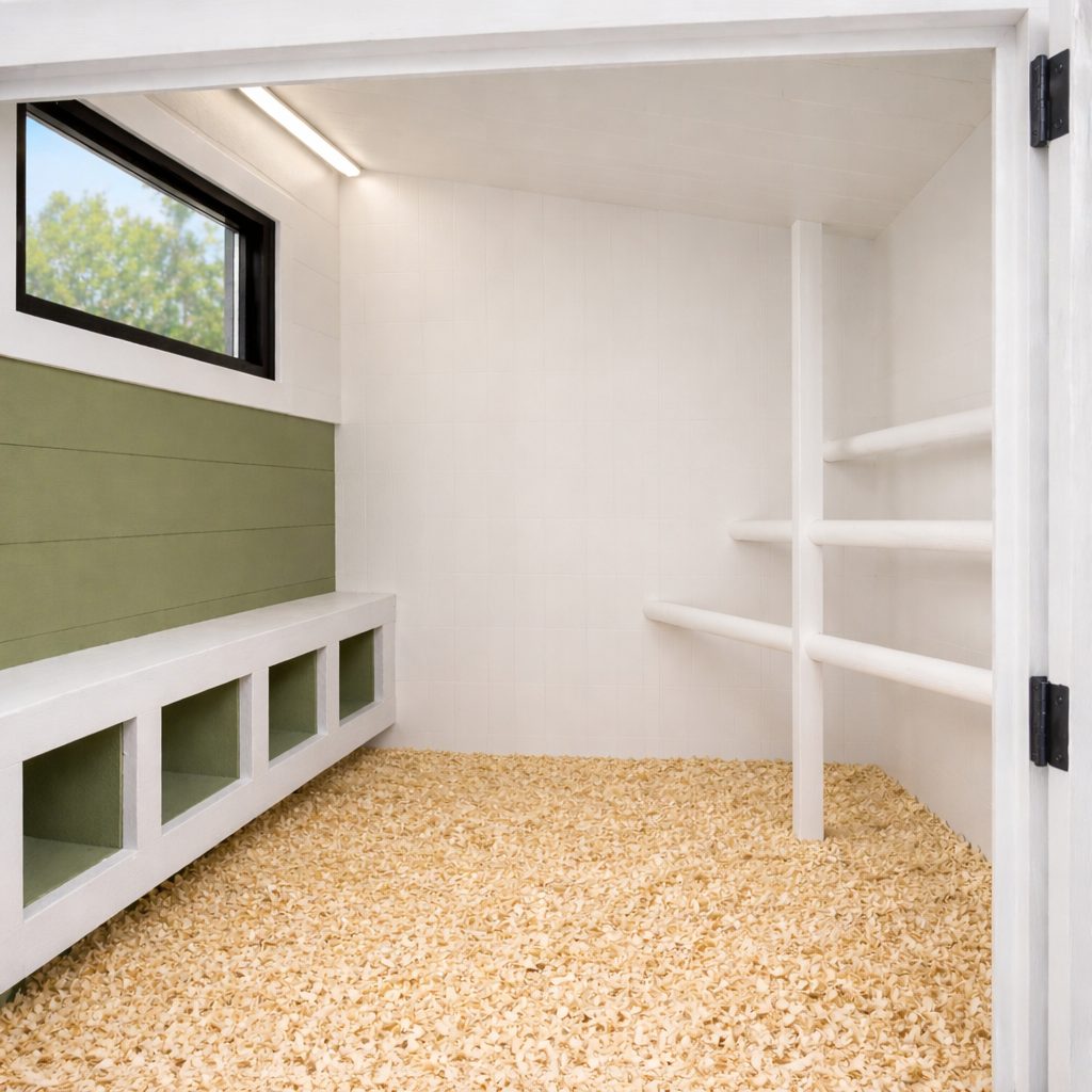 Interior alb premium adăpost găini BAECO — placaj plywood eco vopsea non-toxică